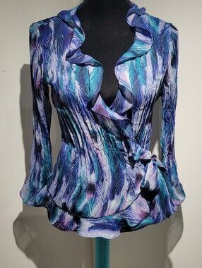 Allison Taylor Women's Ruffle Hem Wrap Blouse 8 Purple Blue Feminine Office Core